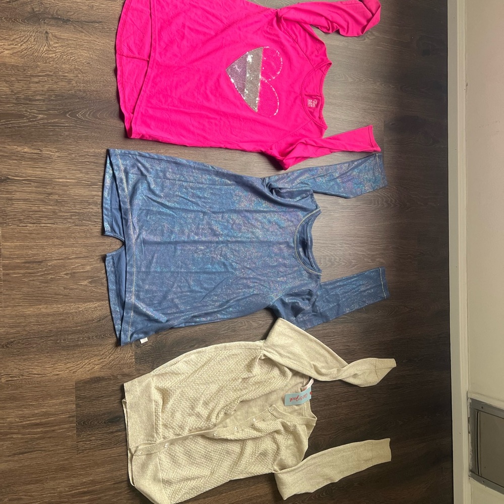 Pink Heart Top, Blue Shimmer Top, Cream Cardigan Set